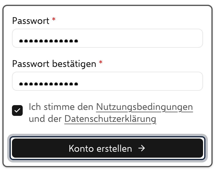 Kundenportal: das Ende der Anmeldung mit dem Knopf „Konto erstellen“