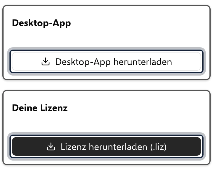 Kundenportal: die Karten „Desktop-App“ und „Deine Lizenz“ mit ihren Knöpfen zum Herunterladen
