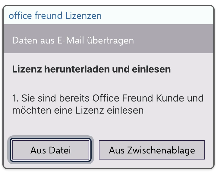 Erster Start: das Lizenz-Fenster mit dem Knopf „Aus Datei“