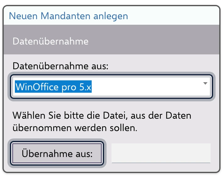 Neue Firma anlegen, Seite Datenübernahme: ausgewählt ist „WinOffice Pro 5.x“