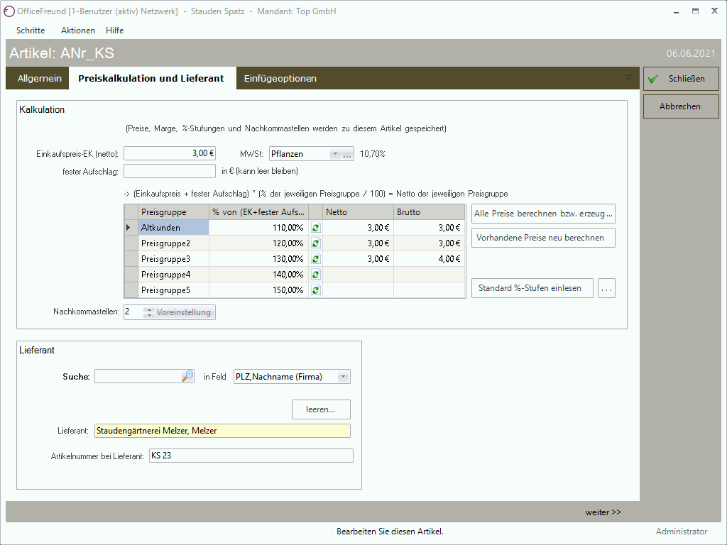 Artikel Preise und Lieferant