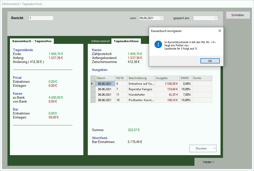 Kassenbuch Tagesabschluss inkl. Validerung
