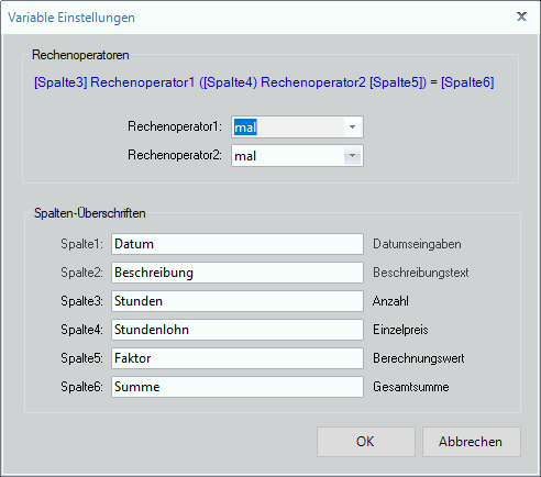 freie Berechnungsliste variable Einstellungen