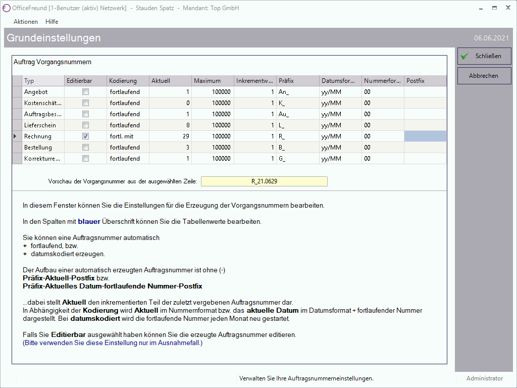 Grundeinstellungen Auftragsnummern