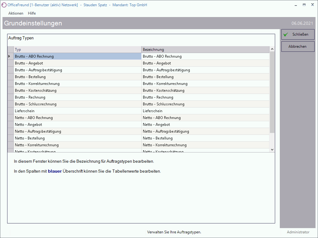 Grundeinstellungen Auftragstypen Beschriftung