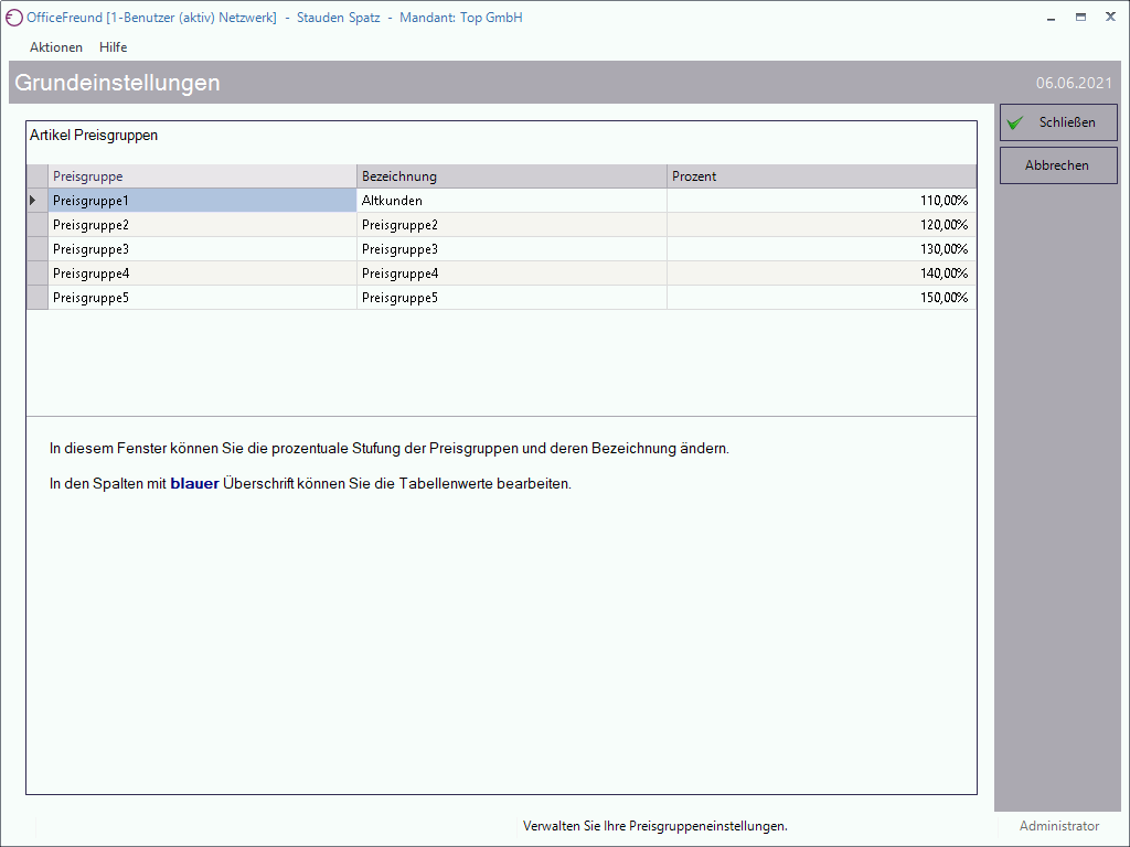 Grundeinstellungen Preisgruppen Namen