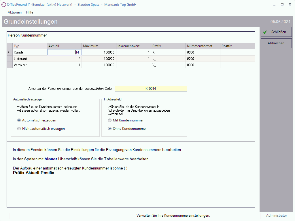 Grundeinstellungen Kundennummern