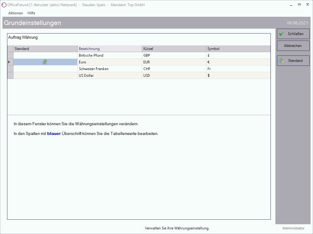 Grundeinstellungen Währung